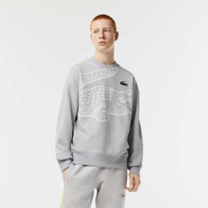 Lacoste Crew Neck Loose Fit Croc Print Gri | FV2430918