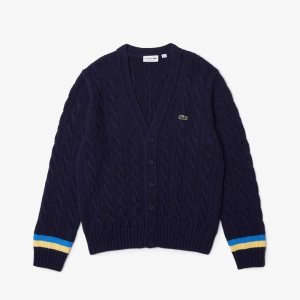 Lacoste Klasik Fit Contrast Çizgili Cardigan Lacivert Mavi Sarı Mavi | DI3102869