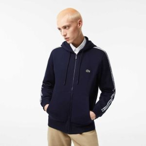 Lacoste Klasik Fit Zipped Hoodie with Brand Stripes Lacivert Mavi | PV4851037