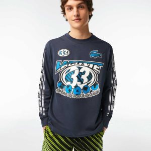 Lacoste Loose Fit Long Sleeve Printed Mavi | LW5327948