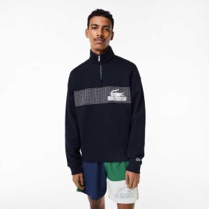 Lacoste Loose Fit Organic Pamuklu Half Zip Lacivert Mavi | MJ2437591