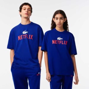 Lacoste Netflix Loose Fit Organic Pamuklu T-Shirt Mavi | TO0316984