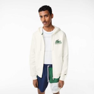 Lacoste Unbrushed Fleece Zipped Hoodie Beyaz | GY6754203