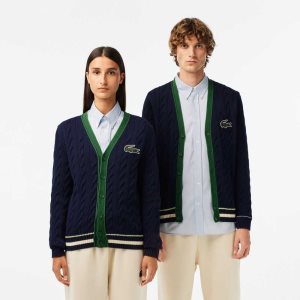 Lacoste V-Neck Cable Knit Organic Pamuklu Cardigan Lacivert Mavi Beyaz | RC4362517