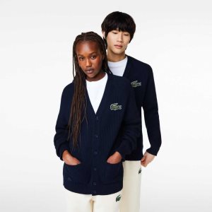 Lacoste V-Neck Organic Pamuklu Cardigan Lacivert Mavi | NU5396812