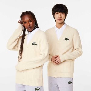 Lacoste V-Neck Organic Pamuklu Cardigan Beyaz | TB4791625