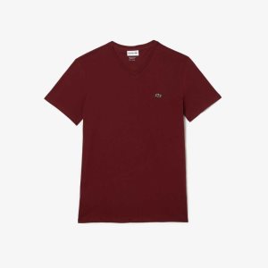 Lacoste V-Neck Pima Pamuklu Jersey Bordo | MT9182576