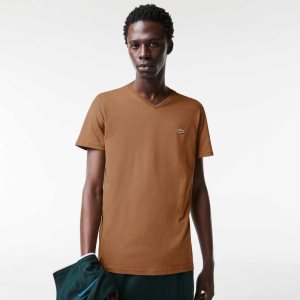 Lacoste V-Neck Pima Pamuklu Jersey Kahverengi | TJ6482319