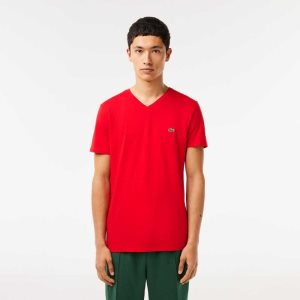 Lacoste V-Neck Pima Pamuklu Jersey Kırmızı | ZE3984215