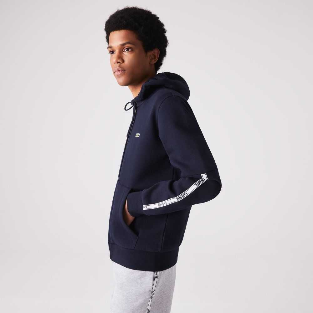 Lacoste Branded Bands Zippered Fleece Hoodie Lacivert Mavi | HU5902836