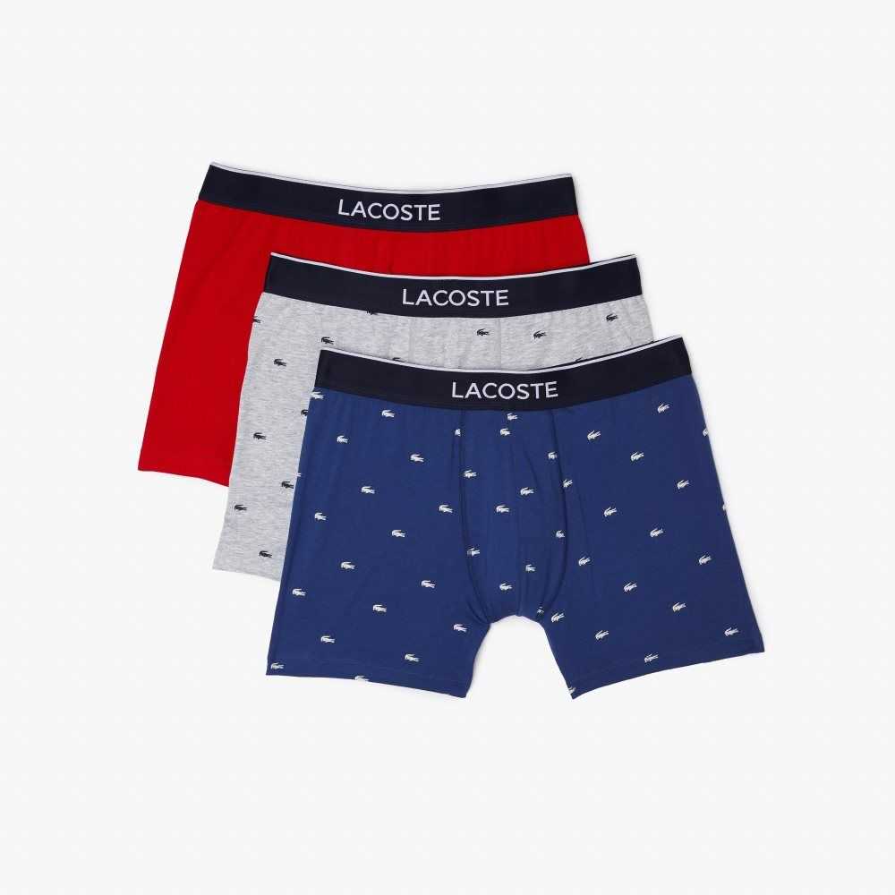 Lacoste Branded Belli Long Stretch Pamuklu Boksör Brief 3-Pack Lacivert Mavi Gri Kırmızı | KJ2649538