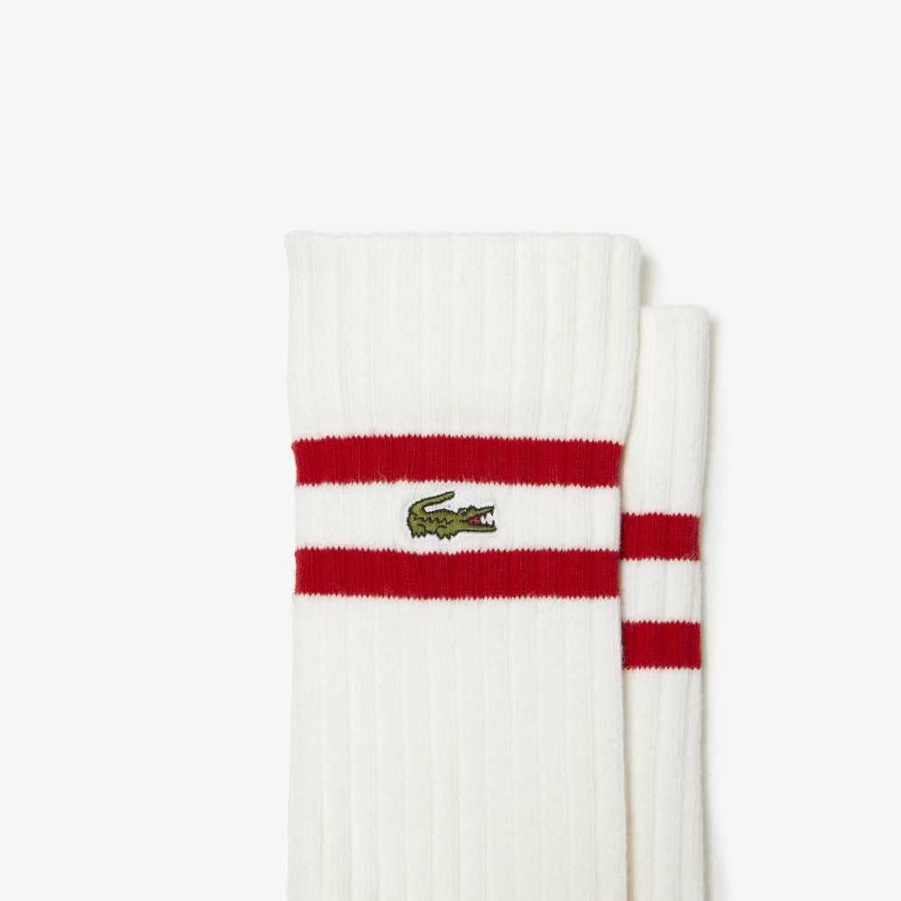 Lacoste Contrast Çizgili Nervürlü Knit Kırmızı Beyaz | YU4859017