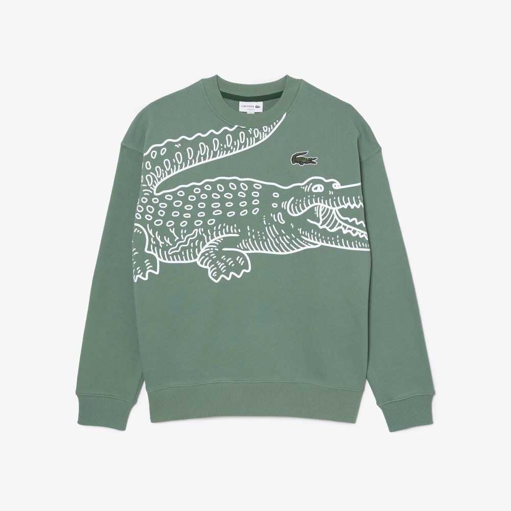 Lacoste Crew Neck Loose Fit Croc Print Haki Yeşil | NR4086913