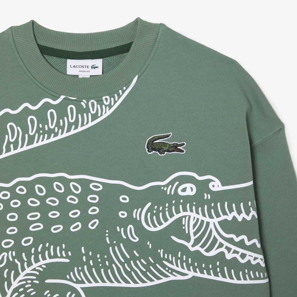 Lacoste Crew Neck Loose Fit Croc Print Haki Yeşil | NR4086913