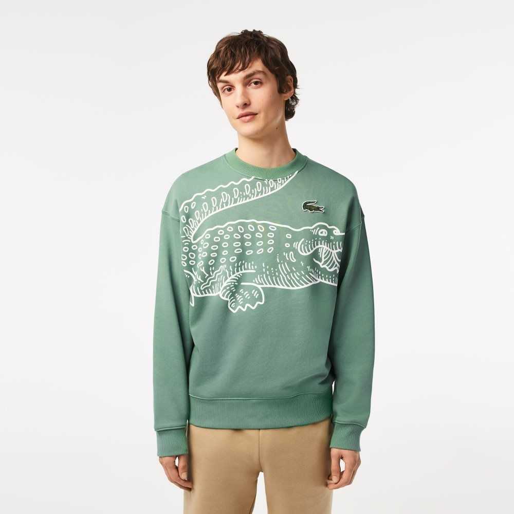 Lacoste Crew Neck Loose Fit Croc Print Haki Yeşil | NR4086913