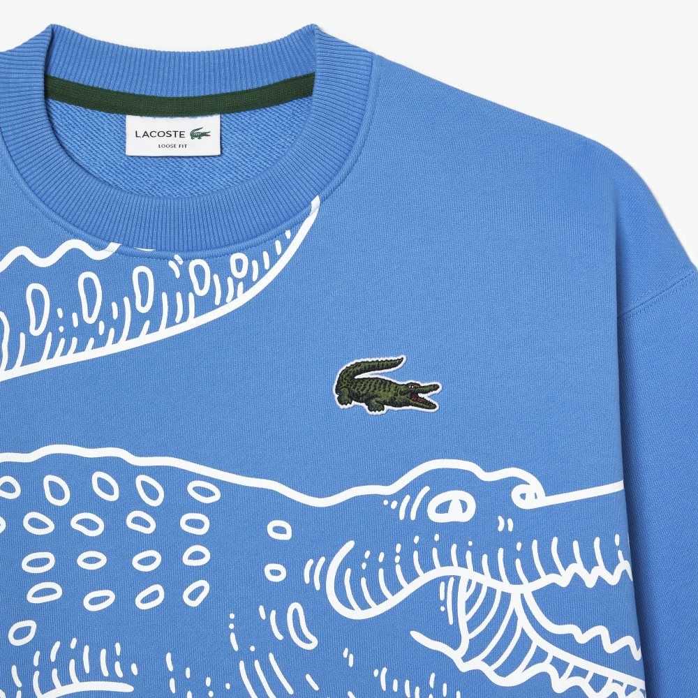 Lacoste Crew Neck Loose Fit Croc Print Mavi | YM6927851