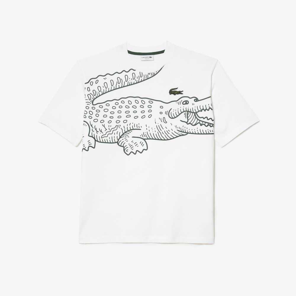 Lacoste Crew Neck Loose Fit Crocodile Print Beyaz | EH5642097