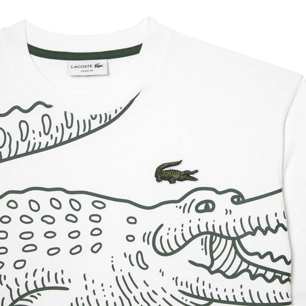 Lacoste Crew Neck Loose Fit Crocodile Print Beyaz | EH5642097