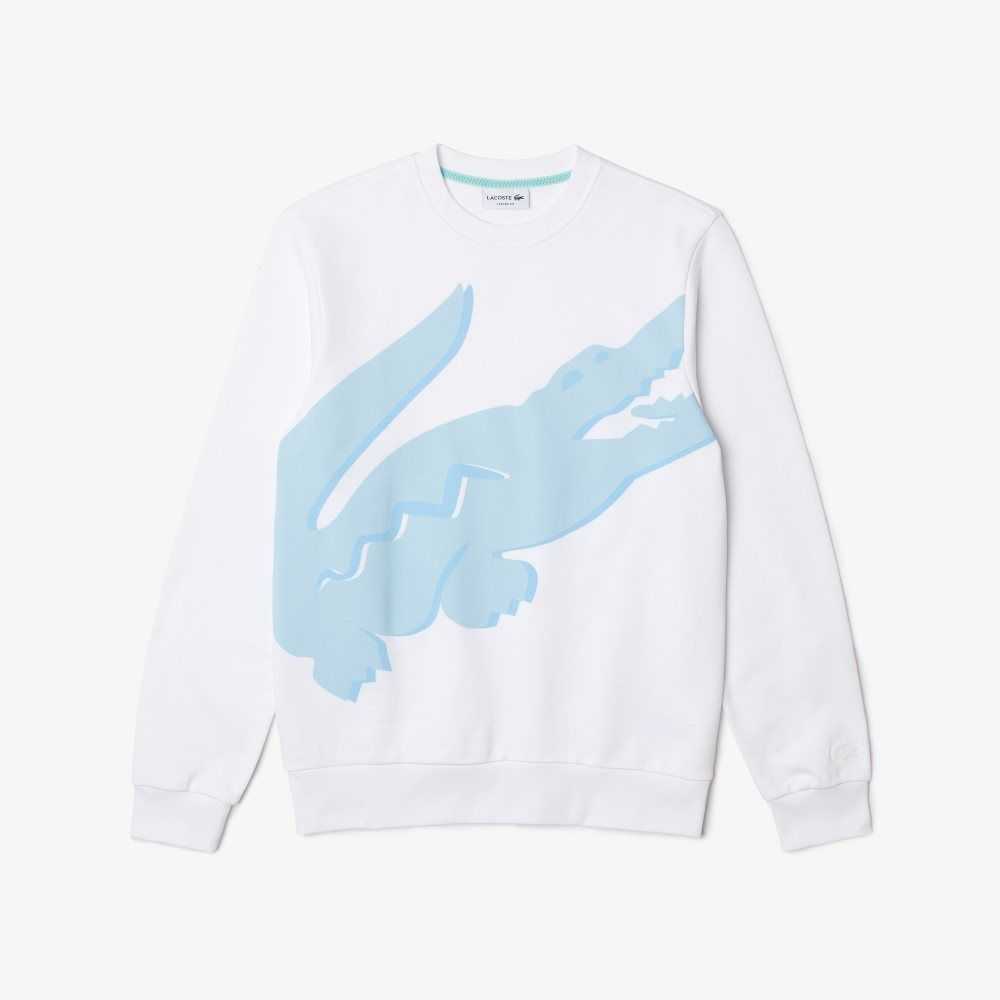 Lacoste Crew Neck Print Organic Pamuklu Fleece Beyaz | HQ5761034