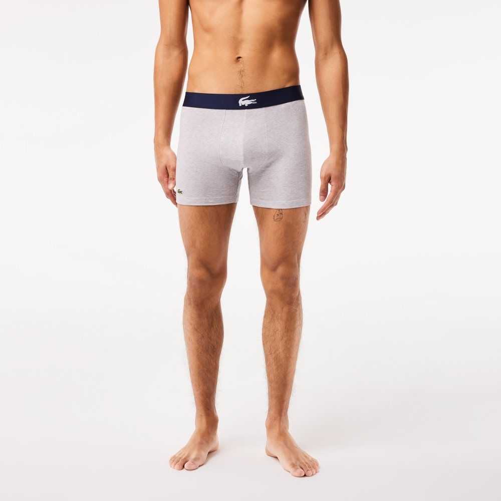 Lacoste Crocodile Belli Long Stretch Pamuklu Boksör Brief 3-Pack Lacivert Mavi Beyaz Gri Lacivert Mavi | DH7564081