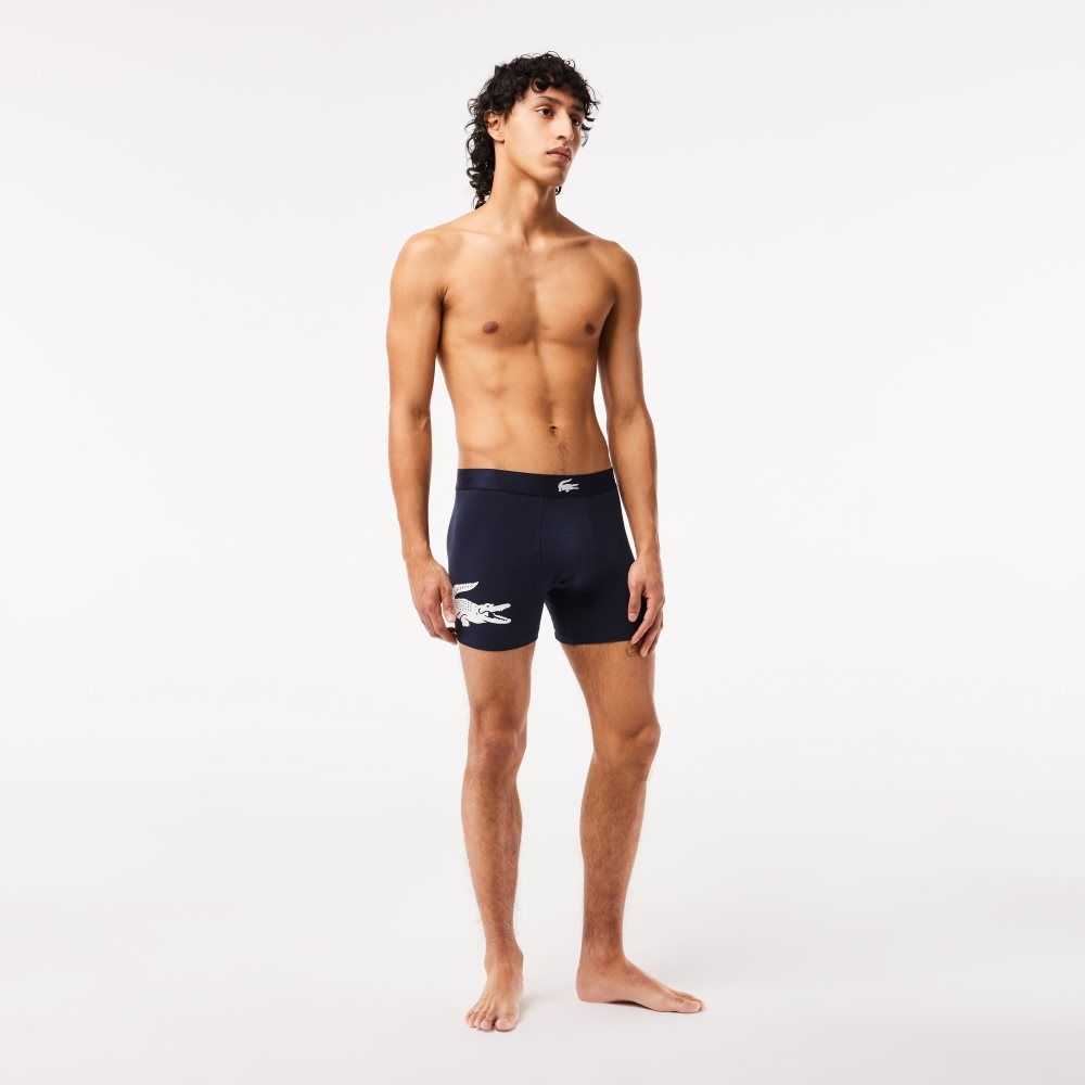 Lacoste Crocodile Belli Long Stretch Pamuklu Boksör Brief 3-Pack Lacivert Mavi Beyaz Gri Lacivert Mavi | DH7564081