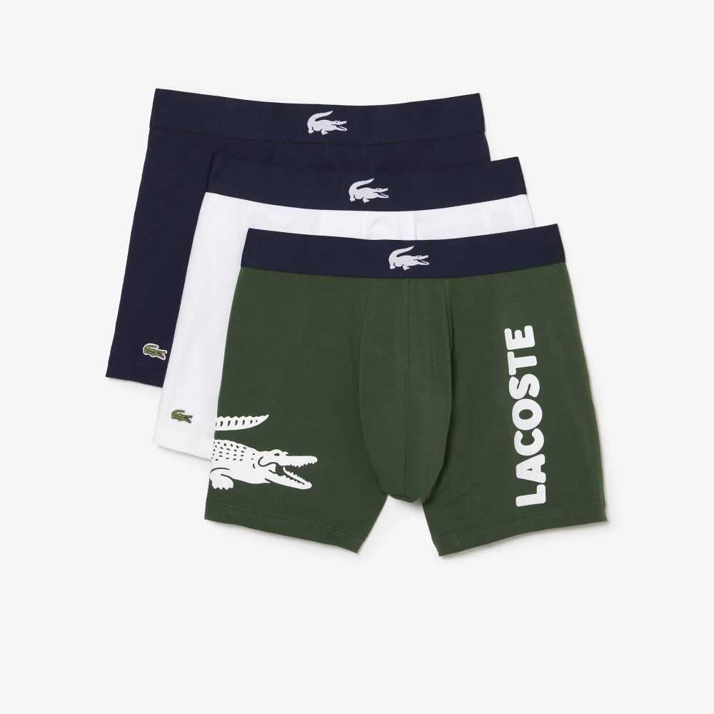 Lacoste Crocodile Belli Long Stretch Pamuklu Boksör Brief 3-Pack Yeşil Lacivert Mavi Beyaz | JX5901284