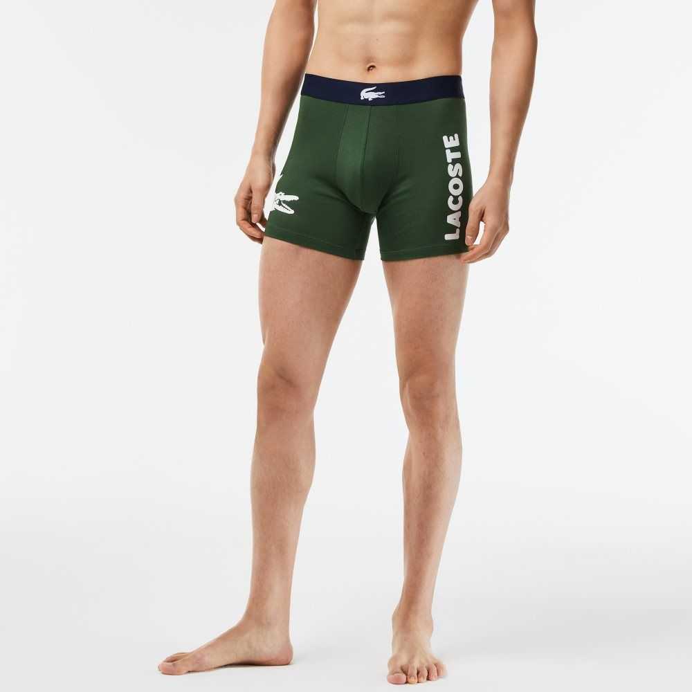 Lacoste Crocodile Belli Long Stretch Pamuklu Boksör Brief 3-Pack Yeşil Lacivert Mavi Beyaz | JX5901284