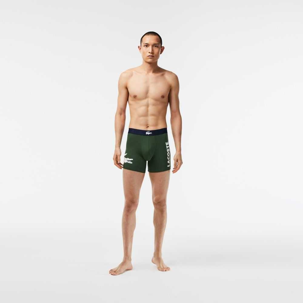 Lacoste Crocodile Belli Long Stretch Pamuklu Boksör Brief 3-Pack Yeşil Lacivert Mavi Beyaz | JX5901284