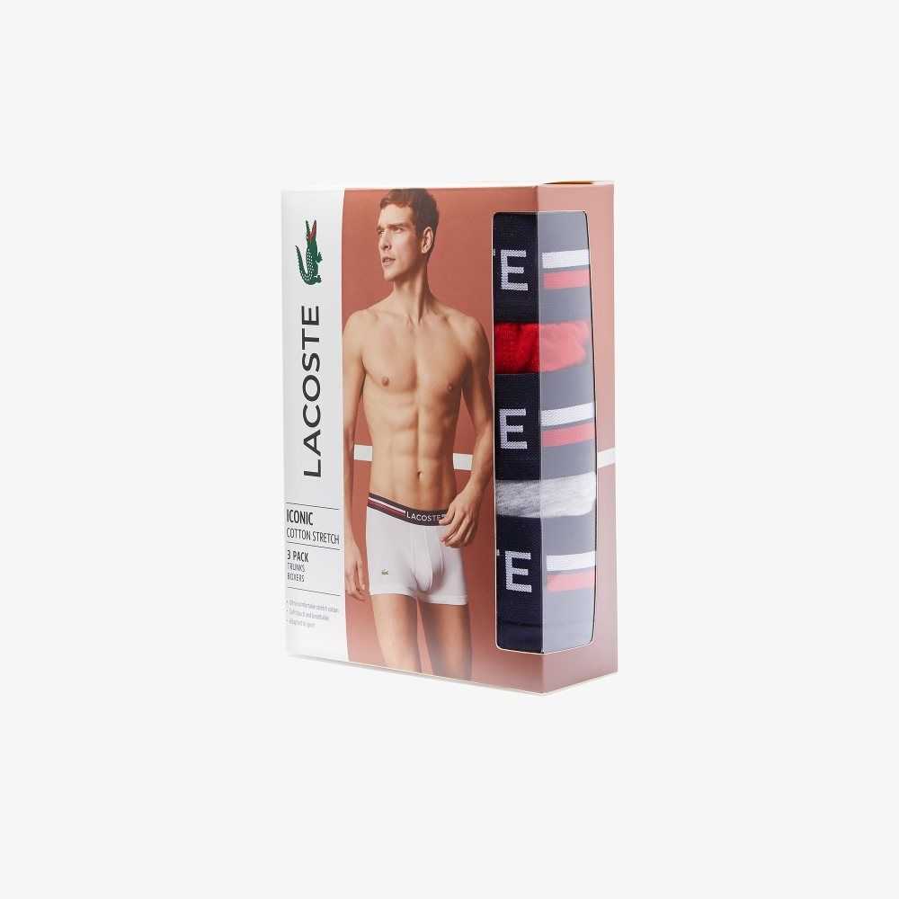 Lacoste Iconic Three-Tone Waistband Trunk 3-Pack Lacivert Mavi Gri Kırmızı | DU3061247