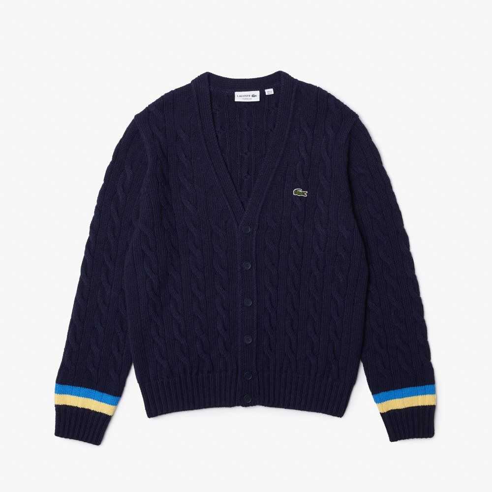 Lacoste Klasik Fit Contrast Çizgili Cardigan Lacivert Mavi Sarı Mavi | DI3102869