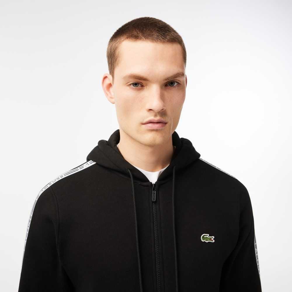 Lacoste Klasik Fit Zipped Hoodie with Brand Stripes Siyah | AB3817569