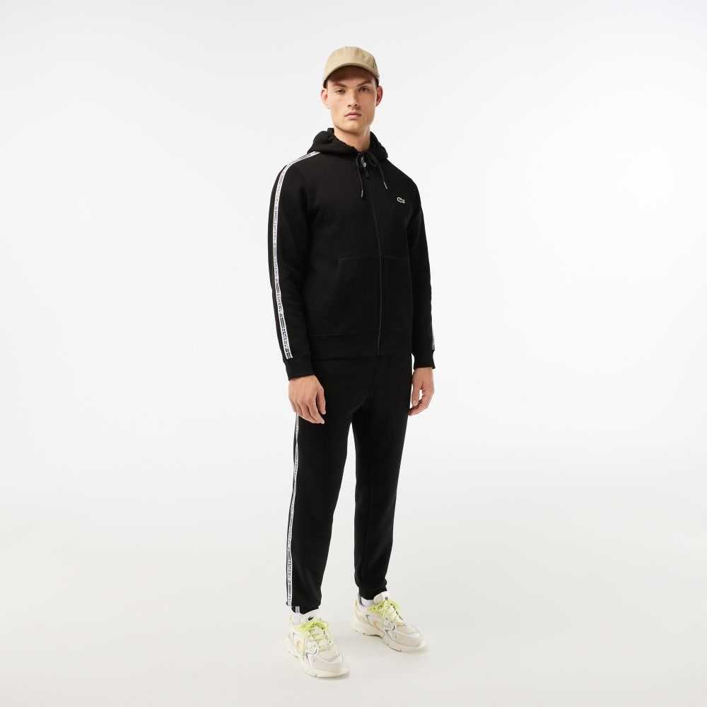 Lacoste Klasik Fit Zipped Hoodie with Brand Stripes Siyah | AB3817569