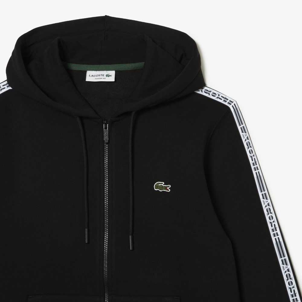 Lacoste Klasik Fit Zipped Hoodie with Brand Stripes Siyah | AB3817569