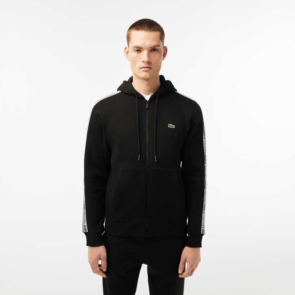 Lacoste Klasik Fit Zipped Hoodie with Brand Stripes Siyah | AB3817569