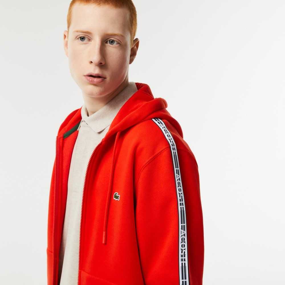 Lacoste Klasik Fit Zipped Hoodie with Brand Stripes Kırmızı | AC8267531