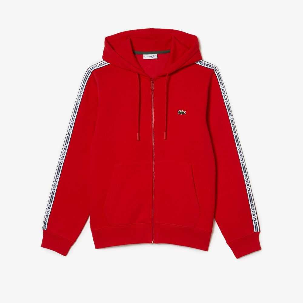 Lacoste Klasik Fit Zipped Hoodie with Brand Stripes Kırmızı | AC8267531