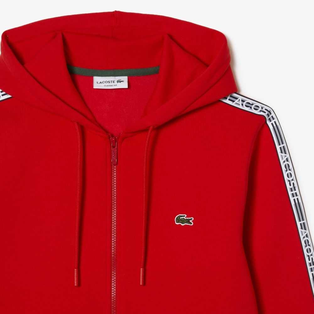 Lacoste Klasik Fit Zipped Hoodie with Brand Stripes Kırmızı | AC8267531