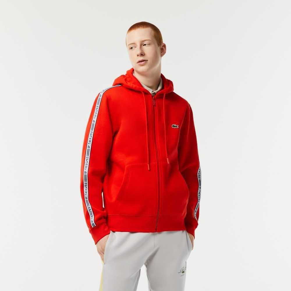 Lacoste Klasik Fit Zipped Hoodie with Brand Stripes Kırmızı | AC8267531