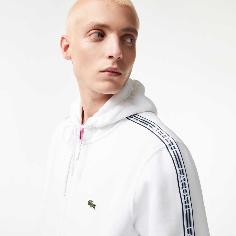 Lacoste Klasik Fit Zipped Hoodie with Brand Stripes Beyaz | FR3758164