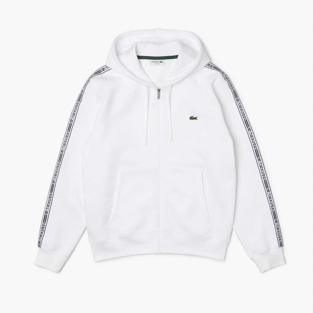 Lacoste Klasik Fit Zipped Hoodie with Brand Stripes Beyaz | FR3758164