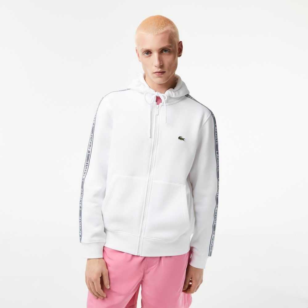 Lacoste Klasik Fit Zipped Hoodie with Brand Stripes Beyaz | FR3758164