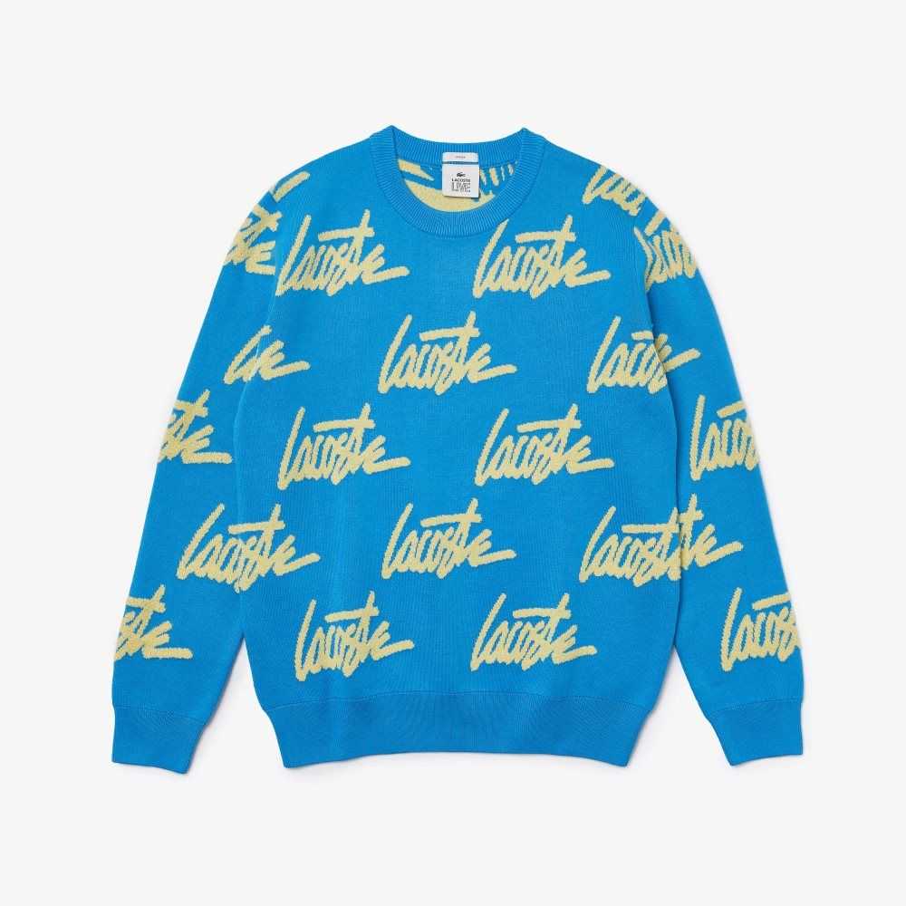 Lacoste LIVE Lettering Crew Neck Pamuklu Blend Mavi Sarı | GE4289067