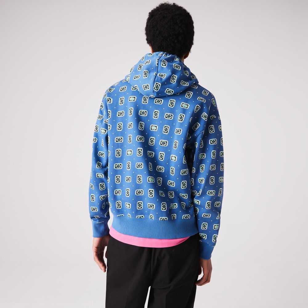 Lacoste LIVE Loose Fit Print Pamuklu Hoodie Mavi Beyaz | VI7314269