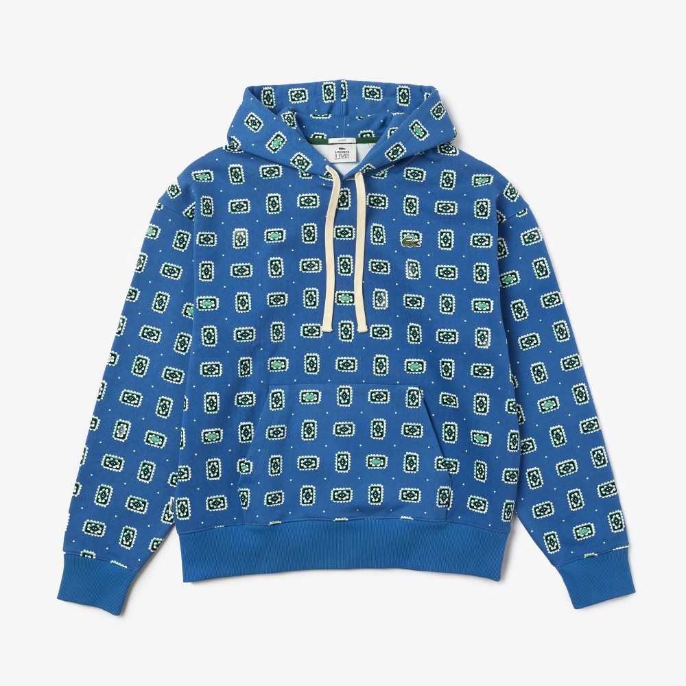 Lacoste LIVE Loose Fit Print Pamuklu Hoodie Mavi Beyaz | VI7314269