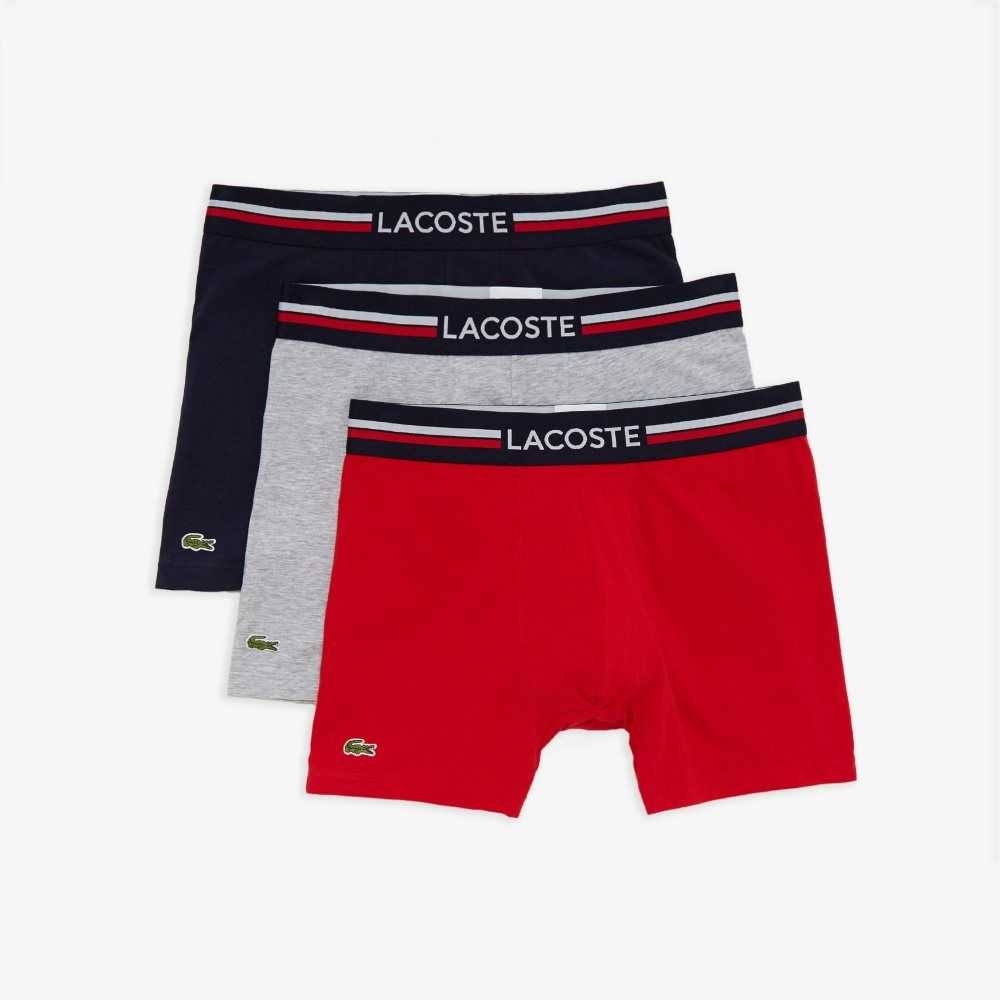 Lacoste Long Pamuklu Boksör Brief 3-Pack Lacivert Mavi Gri Kırmızı | WL1802569