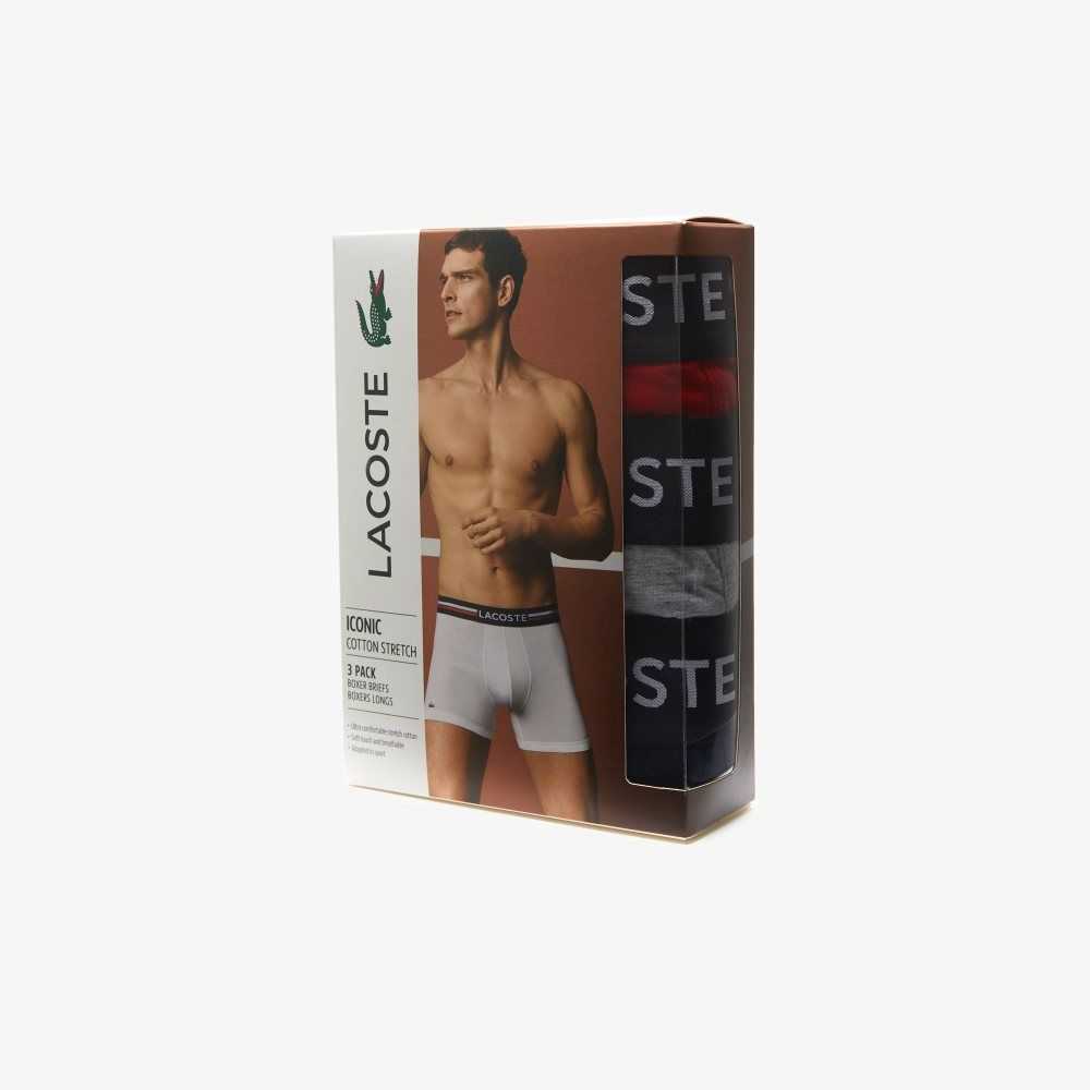 Lacoste Long Pamuklu Boksör Brief 3-Pack Lacivert Mavi Gri Kırmızı | WL1802569