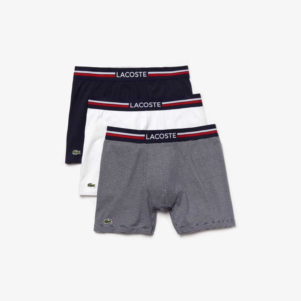 Lacoste Long Stretch Pamuklu Jersey Boksör Brief 3-Pack Lacivert Mavi Beyaz | WH2701943