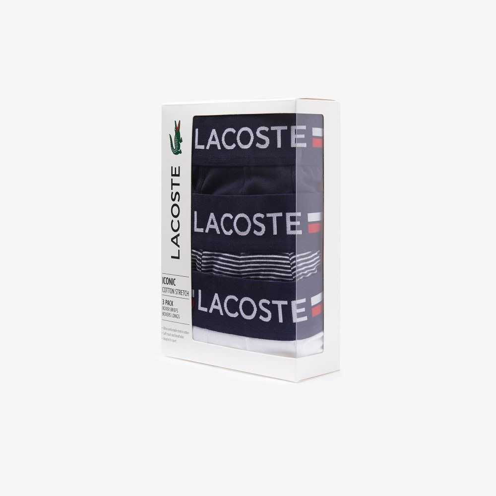 Lacoste Long Stretch Pamuklu Jersey Boksör Brief 3-Pack Lacivert Mavi Beyaz | WH2701943