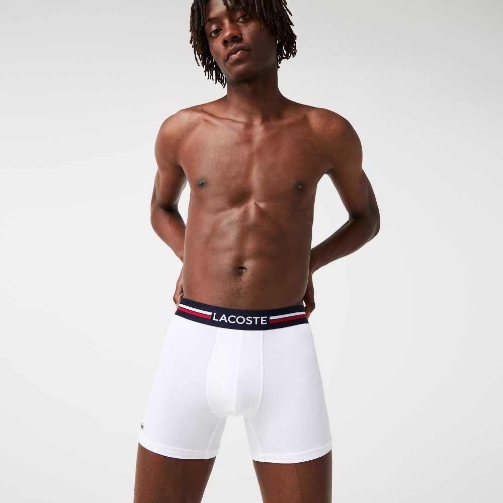 Lacoste Long Stretch Pamuklu Jersey Boksör Brief 3-Pack Lacivert Mavi Beyaz | WH2701943