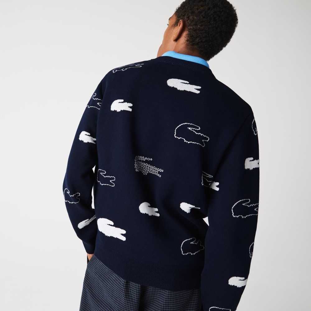 Lacoste Made In France Crew Neck Organic Pamuklu Jacquard Lacivert Mavi Beyaz | HK8152937